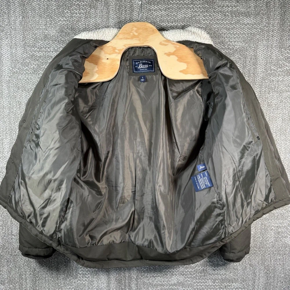 G.H. Bass Sherpa Collar Puffer Jacket Mens Large Green Tan Colorblock Canvas
